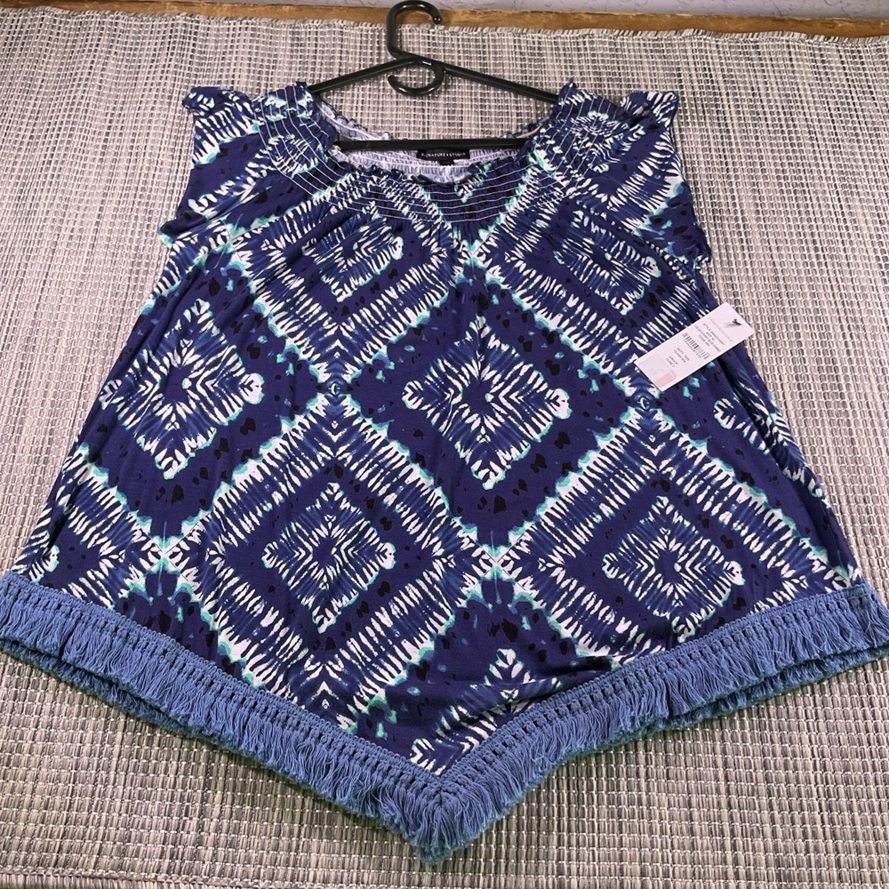 Signature Studio Starry Blue Tie Dye Fringe Hem Smocked Top XL SMA0314007 NEW